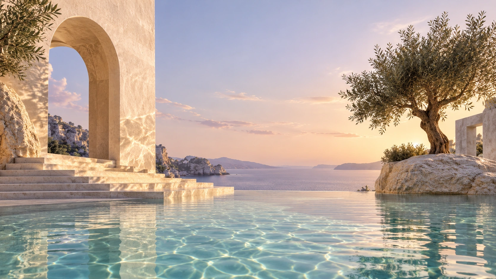 A sunlit Mediterranean retreat with a turquoise pool, pale stone arches and an olive tree